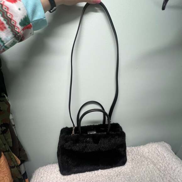 Amanda Smith Black Faux Fur Satchel Crossbody Purse - Picture 9 of 11